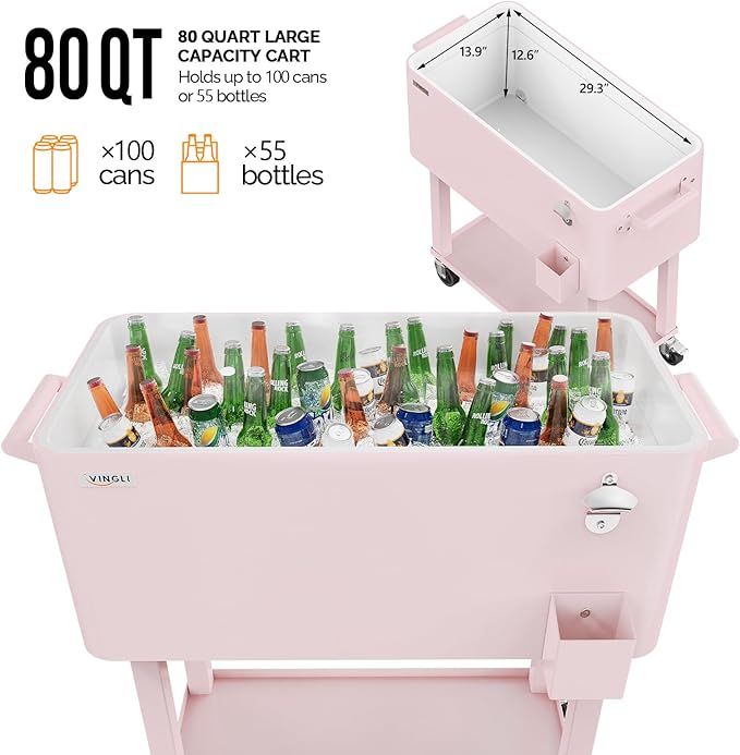 VINGLI 80 Quart Rolling Ice Chest, Portable Patio Party Bar Drink Cooler Cart, with Shelf, Beverage Pool with Bottle Opener