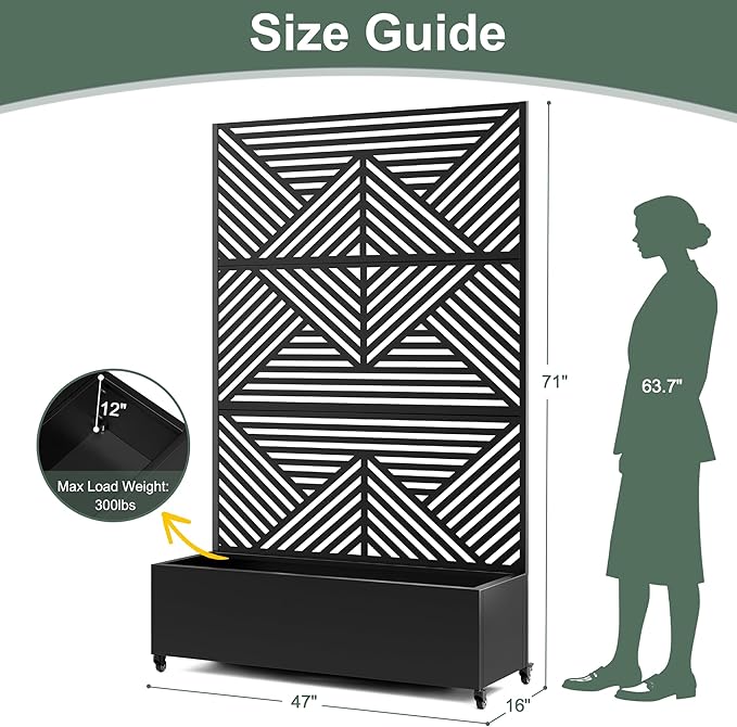 Standing Metal Planter Box with Trellis and Wheels for Climbing Plants, Raised Garden Beds with Drainage Holes, 47" L×16" W×71" H Privacy Boxes with Trellis (Black Zodiac)