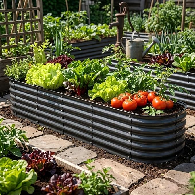 Modular Raised Garden Bed Kit 8×2×1.4FT, Magnesium-Aluminum-Zinc Steel, Rust-Proof & Tool-Free Assembly for Vegetables Herbs Flowers, Patio Backyard Urban Gardening(Cracked Silver)