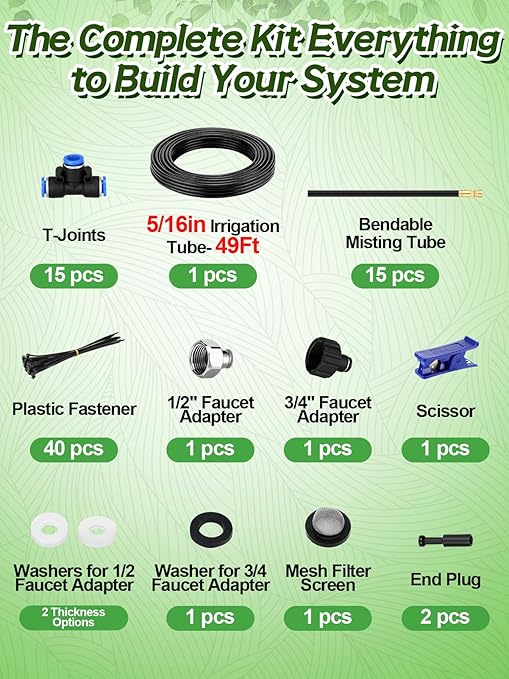 49ft Drip Irrigation System Kit - Includes 15pcs 360° Adjustable Sprayers, 5/16" PE Tubing, 1/2" & 3/4" Faucet Adapters, Automatic Garden Watering Sprinkler System for Raised Bed Plants Lawn
