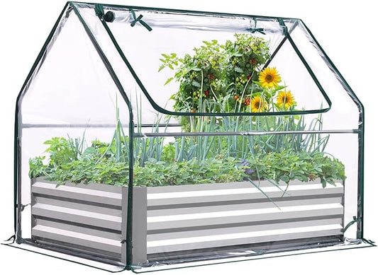 Quictent Raised Garden Bed with Cover Outdoor Galvanized Steel Planter Box Kit with Greenhouse Large Zipper Window Dual Use, 20pcs T-Type Tags & 1 Pair of Gloves Included 4x2.4x1 FT, Clear