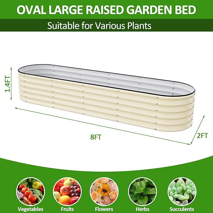Gruper Galvanized Raised Garden Bed, 8×2×1.4 ft Tall Oval Large Metal Planter Raised Garden Boxes Outdoor for Vegetable Fruits Flower Herb, Anti-Rust and Sturdy & Easy-Setup