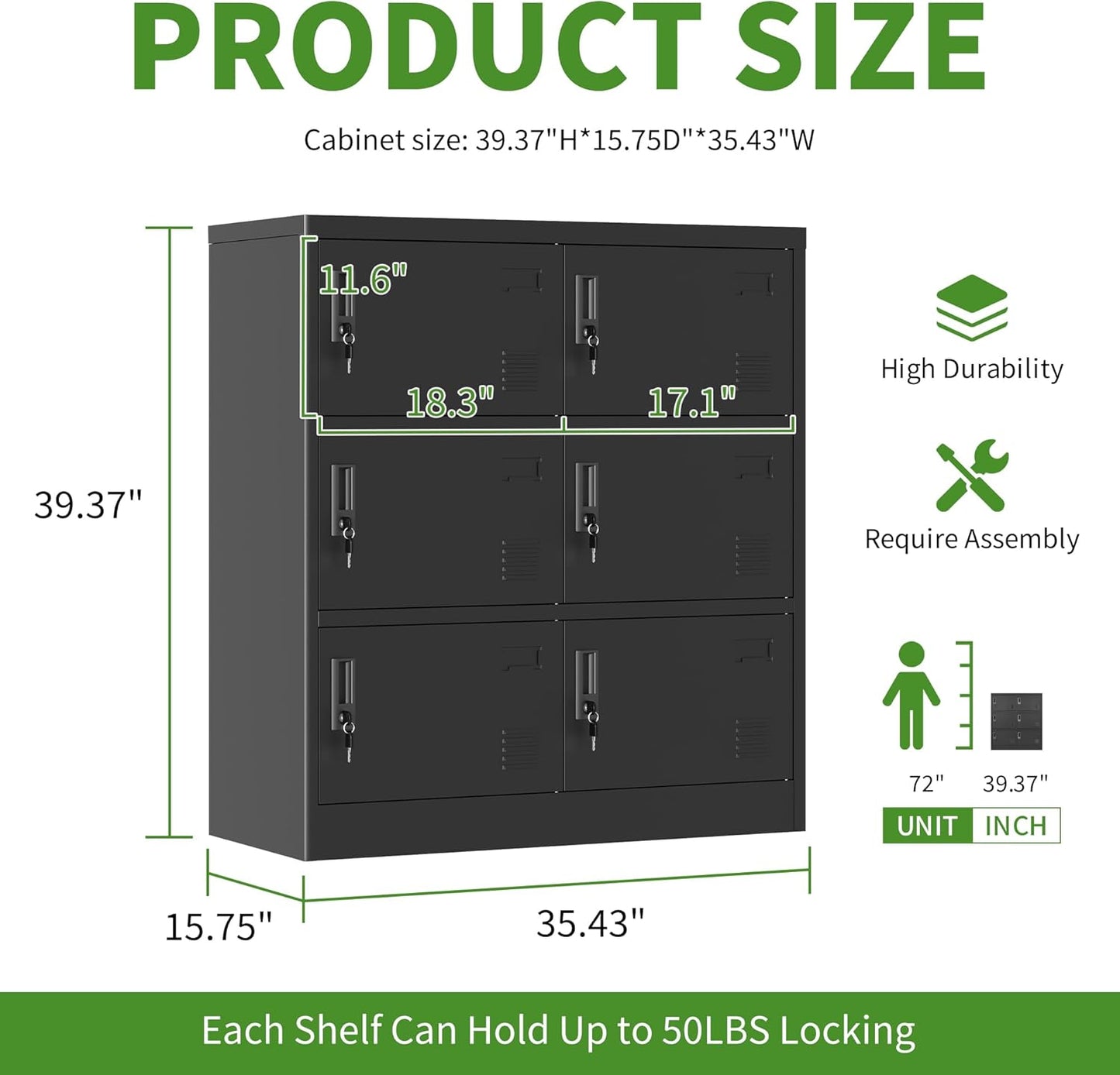 6 Doors Metal Lockers for Employees, Steel Storage Locker with Lock and Card Slot, Employee Lockers for Home, Office, School, Gym, Require Assembly(Black)