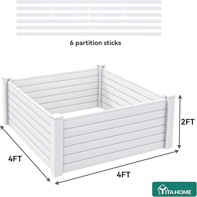 YITAHOME 4x4x2 FT Plastic Raised Garden Bed Kit, Large Outdoor Above Ground Planter Box with Growth Grid for Plants, Vegetables, and Flowers, Easy Installation, White