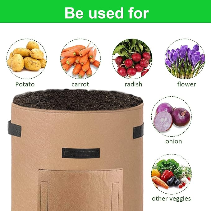 JJGoo 4 Pack Potato Grow Bags 10 Gallon with Flap, Heavy Duty Fabric Grow Bags with Handle and Harvest Window, Non-Woven Planter Pot Plant Garden Bags to Grow Vegetables Potato Tomato, Brown
