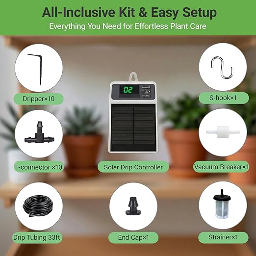Automatic Solar drip Irrigation System (Solar/USB-C Dual Power), DIY Solar Watering System with Programmable Timer for 15 Potted Plants, IPX5 Auto Watering Kit for Indoor, Balcony, Garden & Vacation