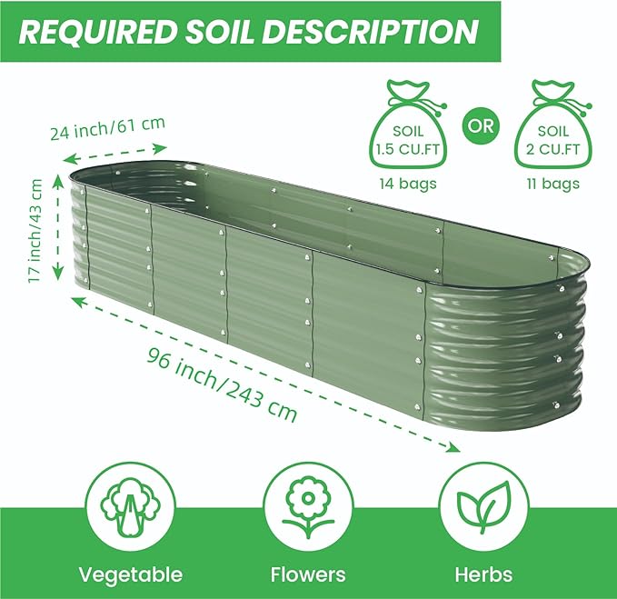 Modular Raised Garden Bed Kit 8×2×1.5FT, Magnesium-Aluminum-Zinc Steel, Rust-Proof & Tool-Free Assembly for Vegetables Herbs Flowers, Patio Backyard Urban Gardening(Light Green)