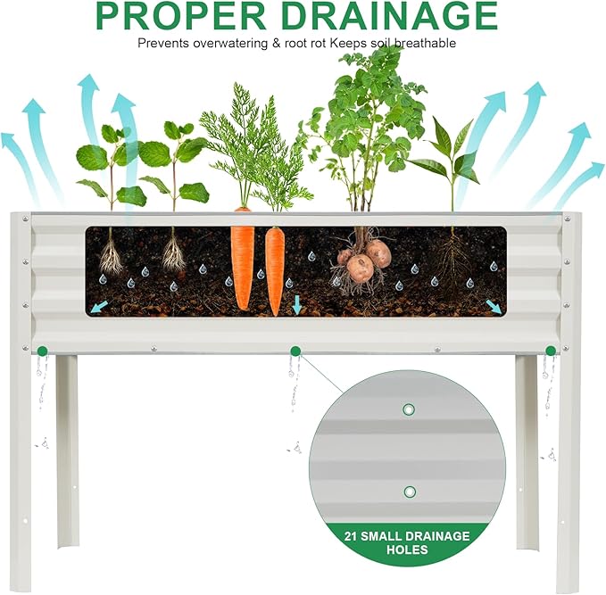 Elevated Raised Garden Bed with Legs, 48x24x32in Galvanized Planter Box Outdoor with Drainage Holes, Large Metal Raised Beds for Gardening Vegetables Herbs, Backyard, Patio, Balcony, White