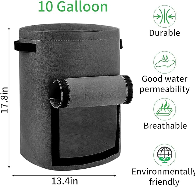 JJGoo 4 Pack Potato Grow Bags 10 Gallon with Flap, Heavy Duty Fabric with Handle and Harvest Window, Non-Woven Planter Pot Plant Garden Bags to Grow Vegetables Tomato, Dark Grey