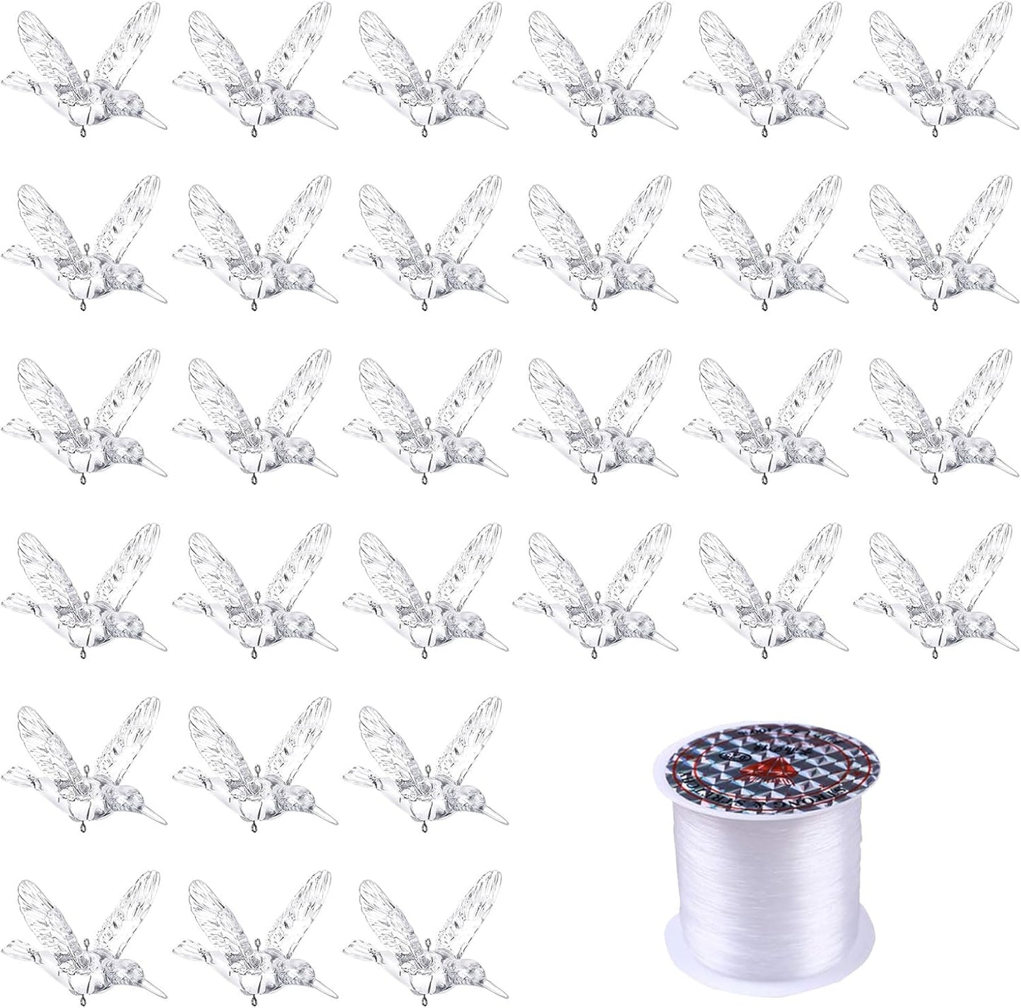 NUPTIO Crystal Ceiling Hanging Ornaments: 30 Pcs Acrylic Flying Birds for Wedding Party Window Garden Bedroom Outdoor Birthday - Christmas Tree Decorations with Transparent Line