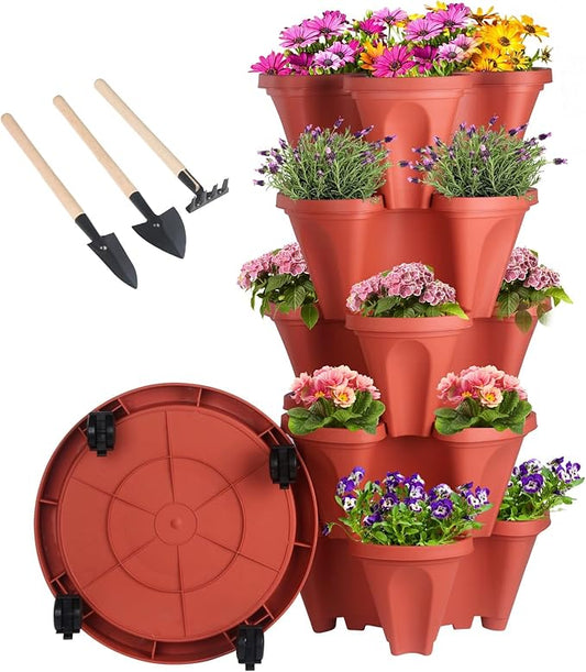 GameXcel Vertical Planter Tower- 5 Tier Stackable Garden Planter with Wheels and Tool Set – Grow Strawberries Herbs Flowers and Vegetables - Indoor Outdoor Use Red