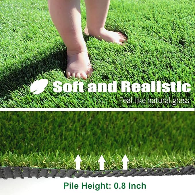 Artificial Grass Outdoor Turf, 15 x 62 FT 0.8" Thick Fake Grass Rug Realistic Synthetic Grass Carprt Decor Soft Astroturf Mat for Patio Backyard Garden Balcony