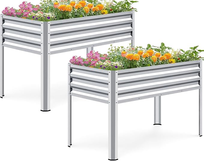 KING BIRD Large Raised Garden Bed with Legs Galvanized Elevated Planter Box 48×24×32 in for Backyard, Patio, Balcony, 400lb Capacity, Silver 2pcs