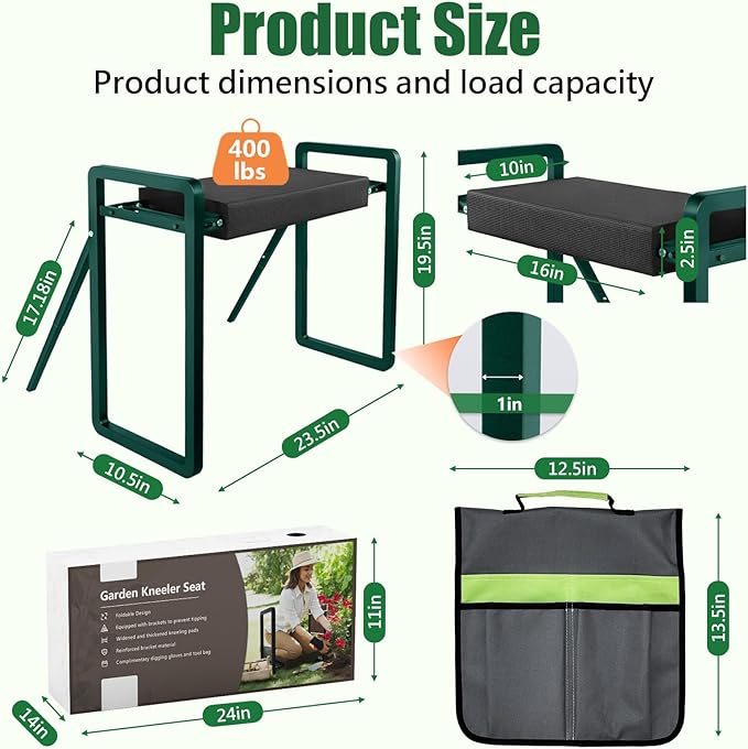 seasky Foldable Garden Kneeler and Seat, Anti-Tipping Gardening Bench Widened Thick Soft Kneeling Pad，Heavy Duty Gardening Stool with Garden Tool Bag, Gardening Gift for Women(Without Gloves)