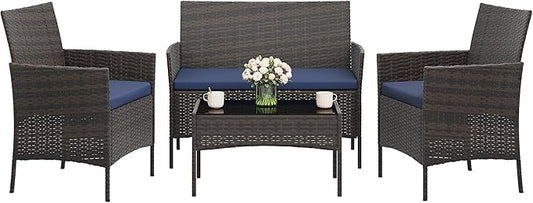 GAOMON 4-Piece Patio Furniture Set, Modern PE Rattan Conversation Set with 2 Chairs, Loveseat & Tempered Glass Coffee Table, All-Weather Outdoor Seating for Garden, Porch, Balcony, Poolside