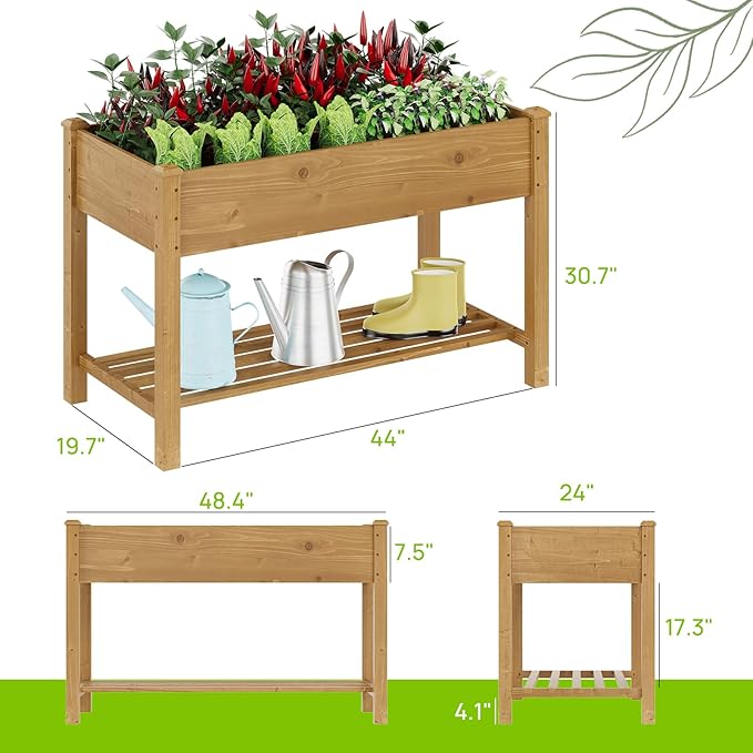 Raised Garden Bed with Legs Wood Elevated Planter Box Gardening Outdoor Planter Box Patio Kit Planting Bed for Vegetables Flowers Herbs Outdoor for Patio Balcony Backyard 48x24x30.7in (Brown, M)