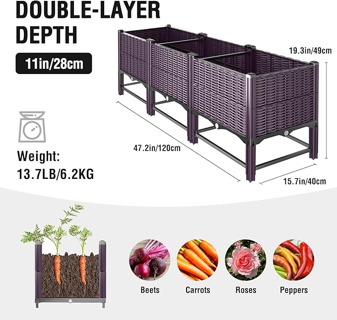 Raised Garden Bed with Reinforcement Rods Elevated Planter Boxes for Outdoor Plants with Drainage Holes for Flowers Vegetables Herbs Patio Backyard Deck Balcony, Purple 47.2x15.7x19.3 in