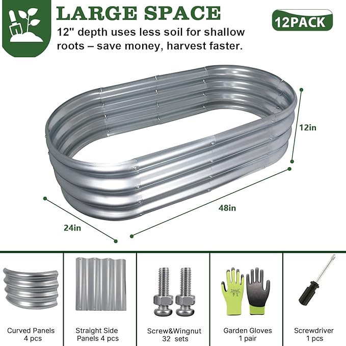 4x2x1ft Galvanized Raised Garden Bed Outdoor, 12-Pack 12" Tall Metal Raised Beds for Gardening, Planter Boxes for Plants Vegetables, Flowers, Herbs, Tomato, Bottomless Elevated Garden Beds Kit, Silver