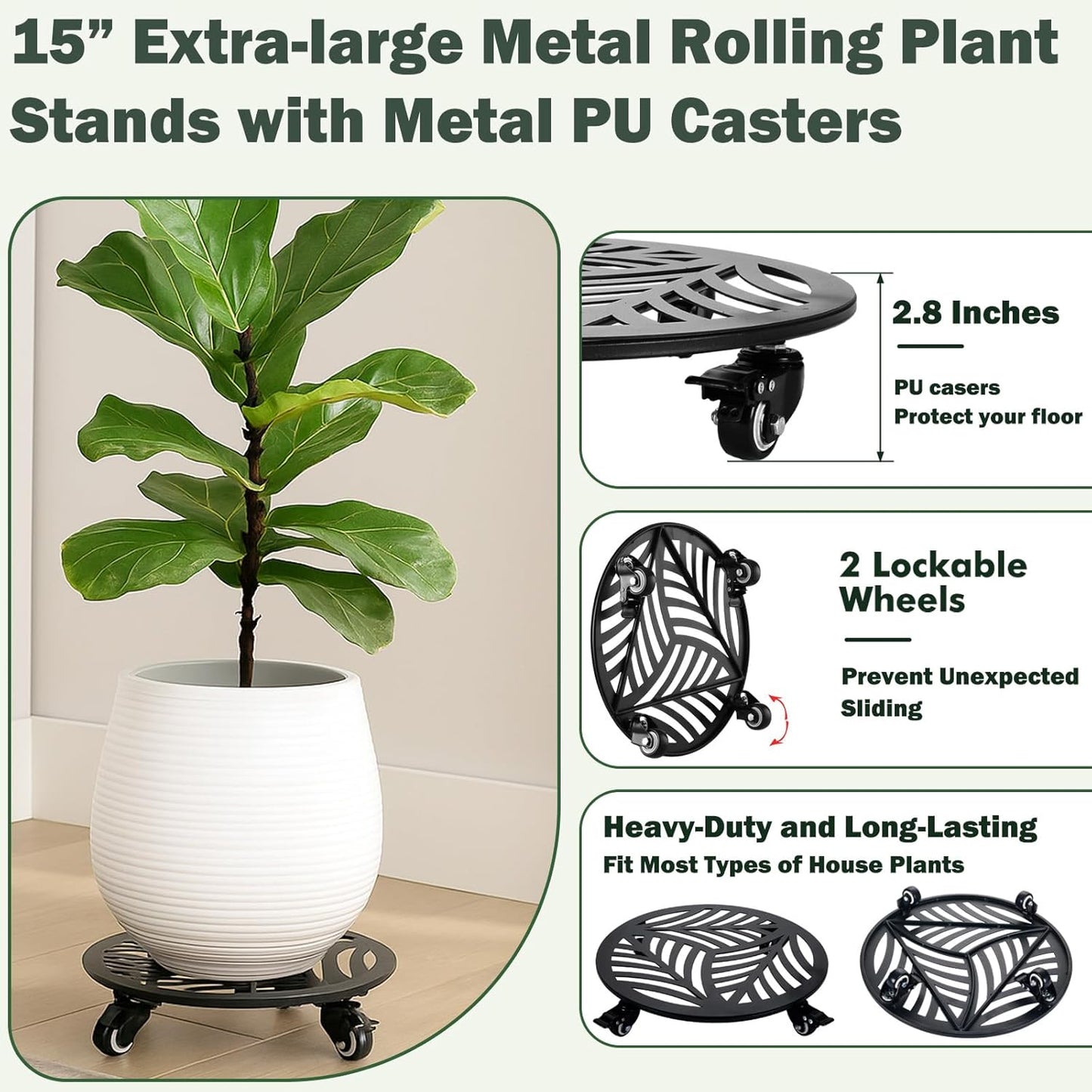 1 Pack 15 inches Extra-Large Metal Plant Caddy with Wheels Heavy-Duty Iron Rolling Plant Stand with Casters Indoor Outdoor Wheeled Plant Roller Base Pot Movers Plant Dolly Coaster Trolley Black