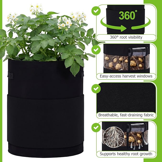 Baderke 4 Pack Visible Potato Grow Bags with Harvest Window, 360 Visibility Plant Grow Bags with Handles for Planting Potatoes, Tomatoes and Vegetables (20 Gallon,Black)