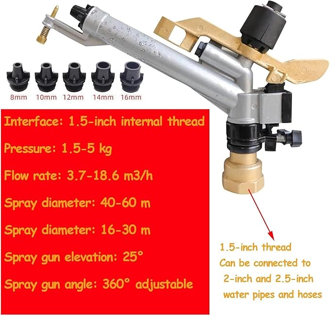 1.5" Agricultural Irrigation Spray Gun, Long Range Water Irrigation Spray Tool Kit with Replacement Nozzle, 360 Degree Adjustable, for Garden Farm Lawn Orchards, Tea Gardens