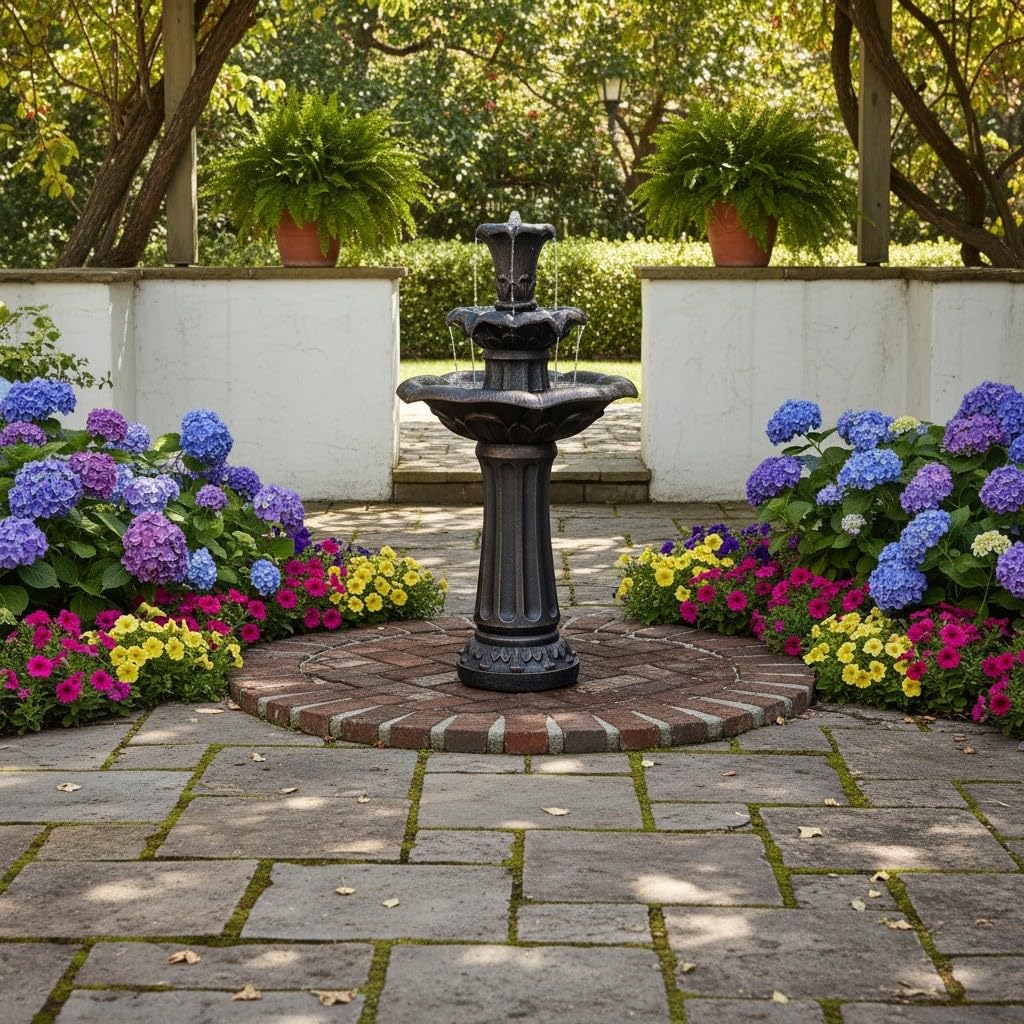 Lily Flower Floor Pedestal 3 Tiered Floor Waterfall Fountain with Pump for Outdoor Patio Garden Backyard Decking (38")