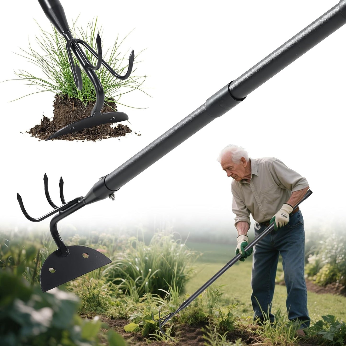 Garden Hoe 23 Inch Long Cultivator with Adjustable Long Handle - Heavy Duty Weeding & Soil Loosening Tool for Gardening, Lawn, and Yard Work