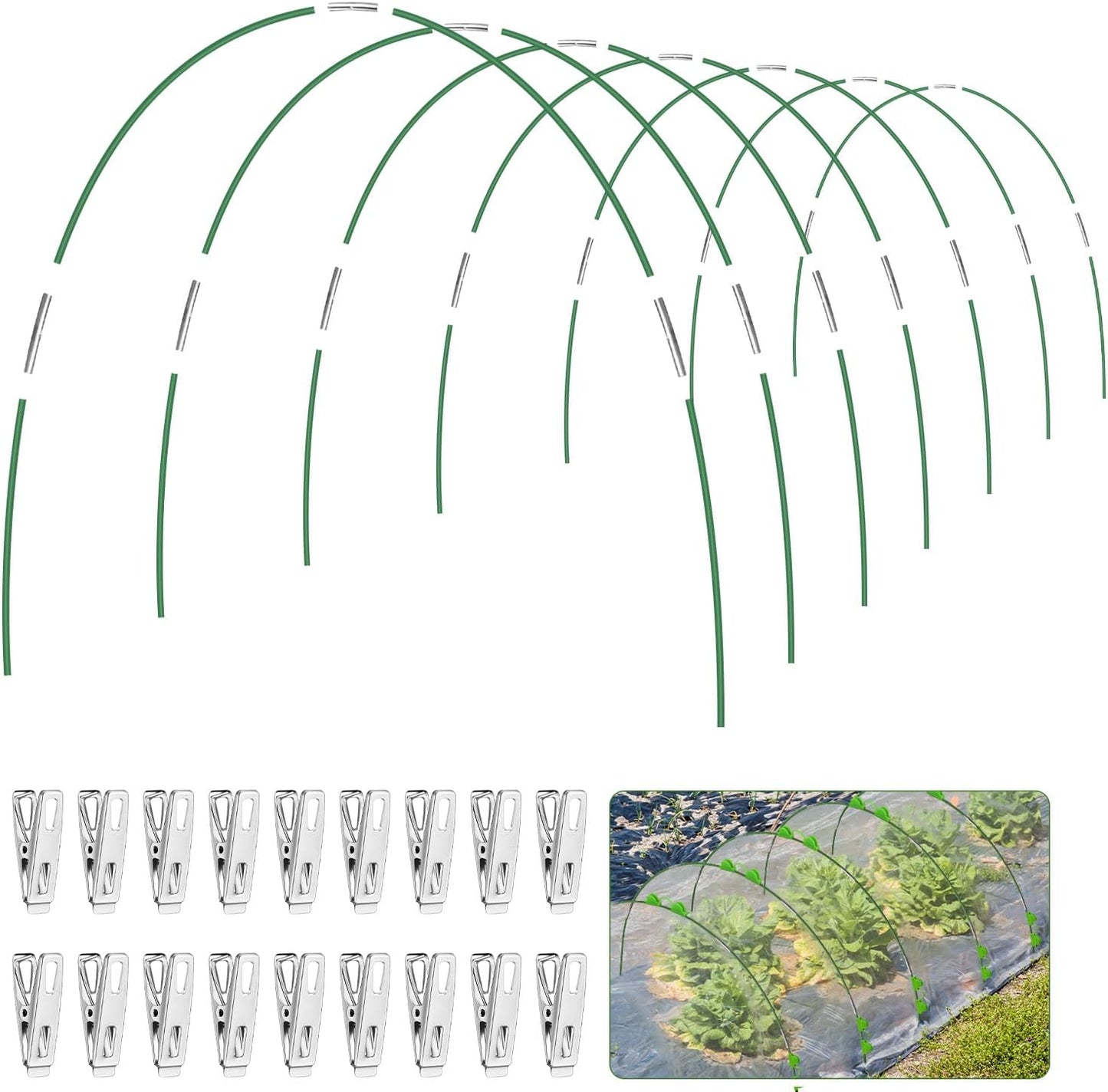 Garden Hoops 6 Set 7ft Grow Tunnel, 30pcs Greenhouse Support Hoops Rust-Free Frame for Garden Netting Raised Beds Row Cover Fabric, DIY Fiberglass for 3 & 4 Ft Wide, 18pcs Clips-5mm