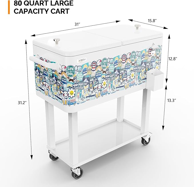 VINGLI 80 Quart Rolling Ice Chest, Portable Patio Party Bar Drink Cooler Cart, with Shelf, Beverage Pool with Bottle Opener