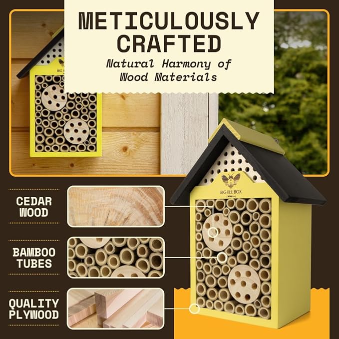 WildYard Bee House - Yellow, Modern Wood - Weather-Resistant Refuge & Solitary Bee House - Easy-Mount Design & Bug Hotel with Removable Tubes - Modular Nesting Tubes & Pollinator Hotel Appeal