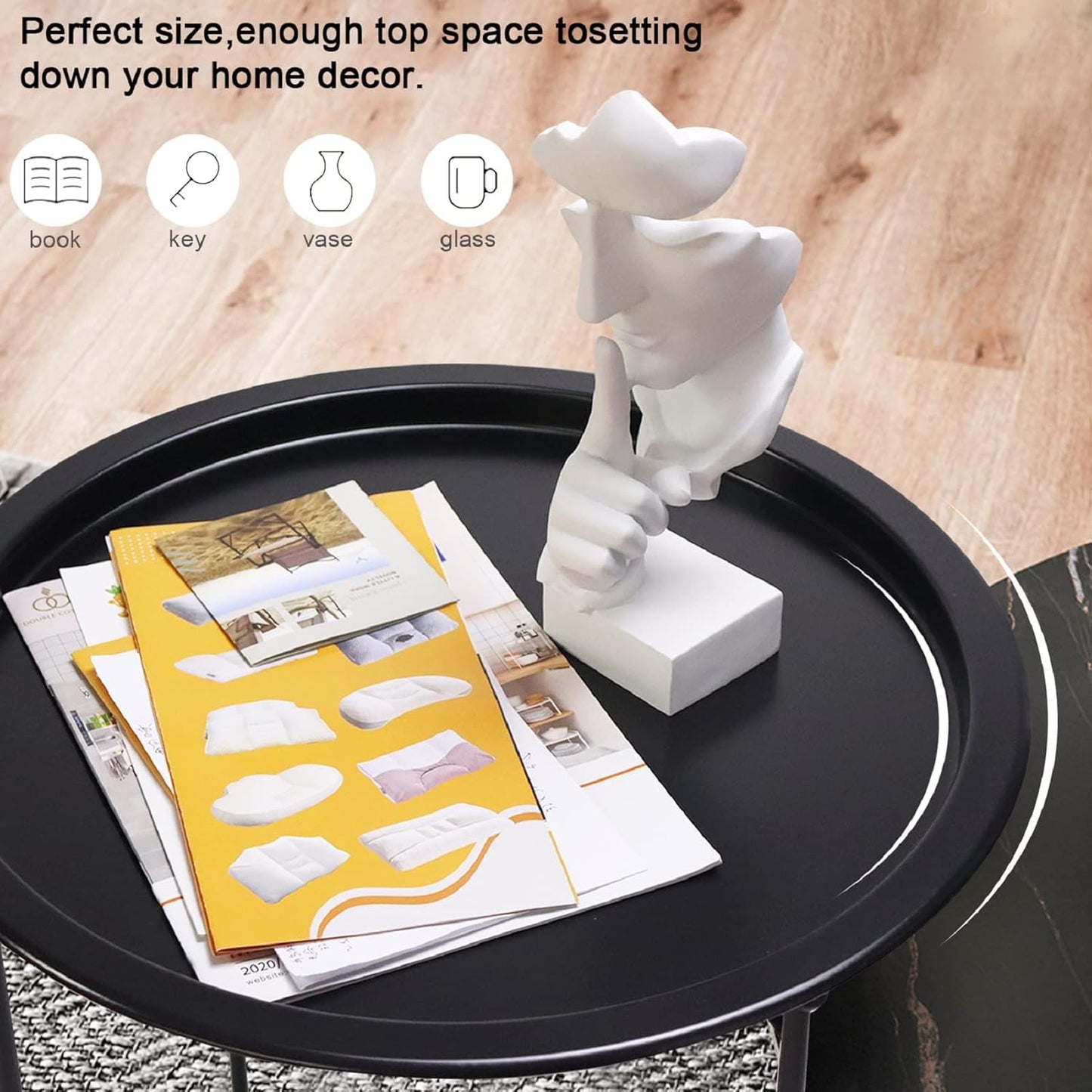 Garden 4 you End Table Metal Side Table Black Round Folding Tray Cyan Sofa Small Accent Fold-able Table, Round End Table Tray, Next to Sofa Table, Snack Table for Living Room and Bed Room