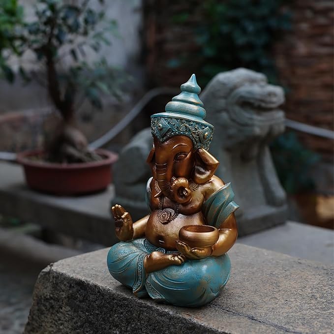 Ganesh Statue 12.6inch Outdoor Garden Ornament with Tealight Candle Holder,Resin Hindu God Buddha Art Craft Gift Decor for Home,Multi Colored