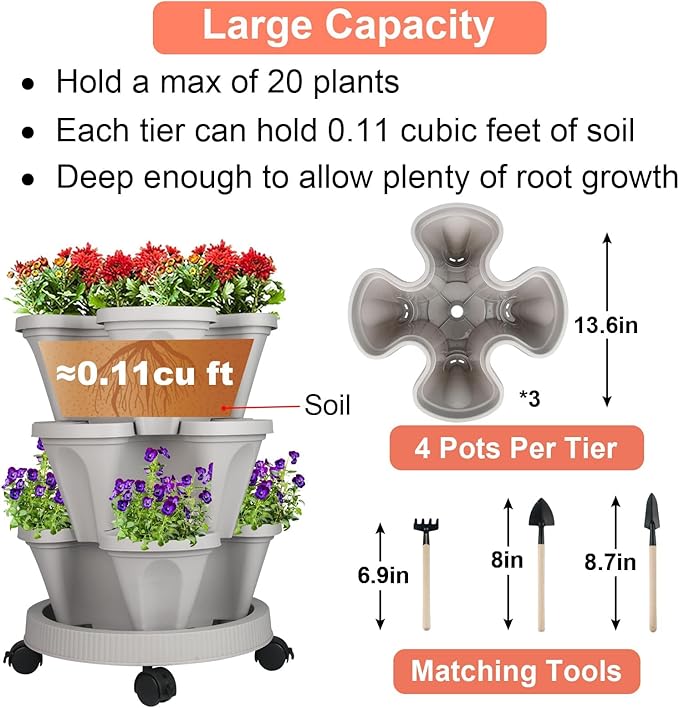GameXcel Vertical Planter Tower- 3 Tier Stackable Garden Planter with Wheels and Tool Set – Grow Strawberries Herbs Flowers and Vegetables - Indoor Outdoor Use Gray