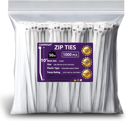 1000pcs 10Inch Nylon Zip Ties, 50 Pounds Tensile Strength, Industrial Grade, White Cable Tie, UV Resistant,Heavy Duty,for Home,Garden Trellis,Office,Garage and Workshop