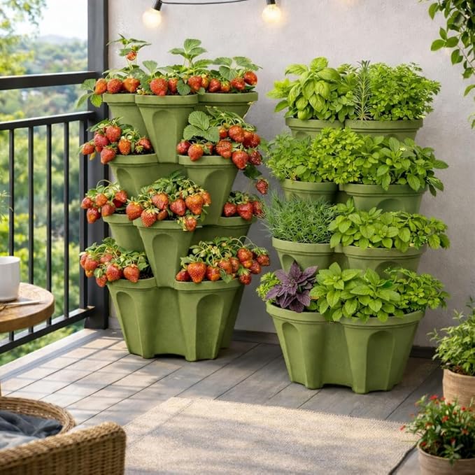 Vertical Garden Planter 4 Tier Stackable System 16 Plants, Space Saving Herb, Strawberry & Food Crop Planter with Center Support Hole for Indoor Outdoor Gardening (4, Sagebrush Green, Small)