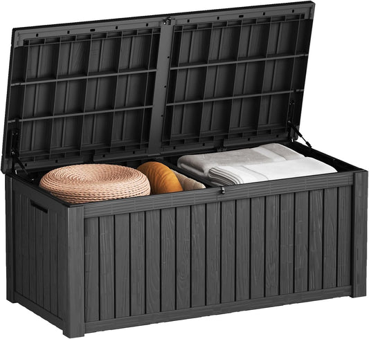 150 Gallon Outdoor Storage Box Waterproof, UV Resistant Resin Deck Box with Hydraulic Rod, Reinforced Stability for Patio, Garden, and Pool, Striped Black