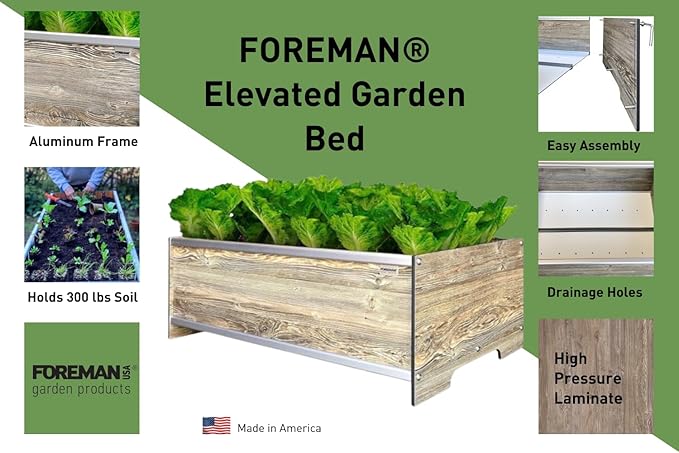 Foreman Raised Garden Bed 36”Lx24”Wx14”H Premium Plastic Wood Grain Aluminum Frame Elevated Planter Box for Backyard Patio Balcony, Amaretto