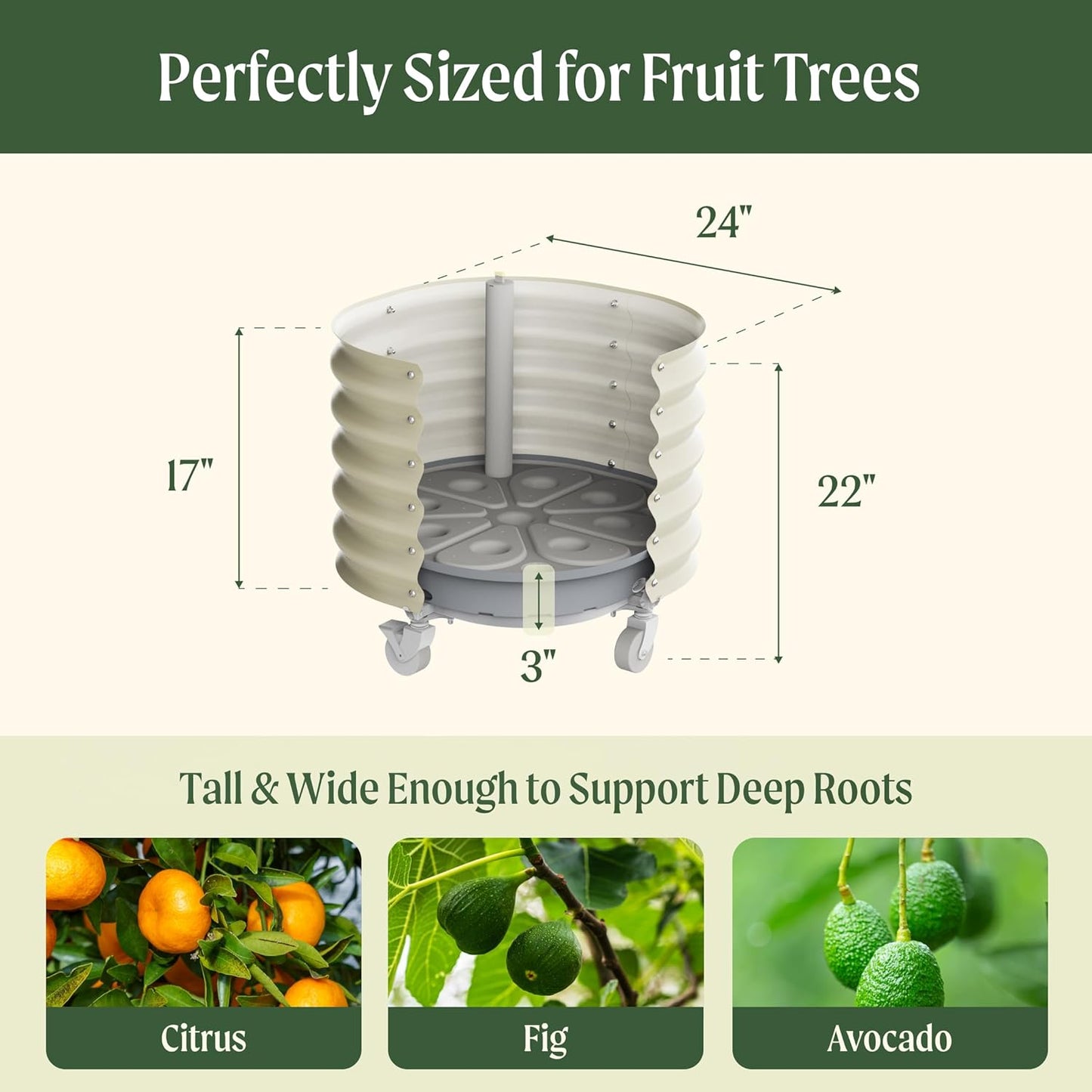 Vego garden Self-Watering Rolling Citrus Planter Raised Garden Bed Kits, Single Pack-Olive Green