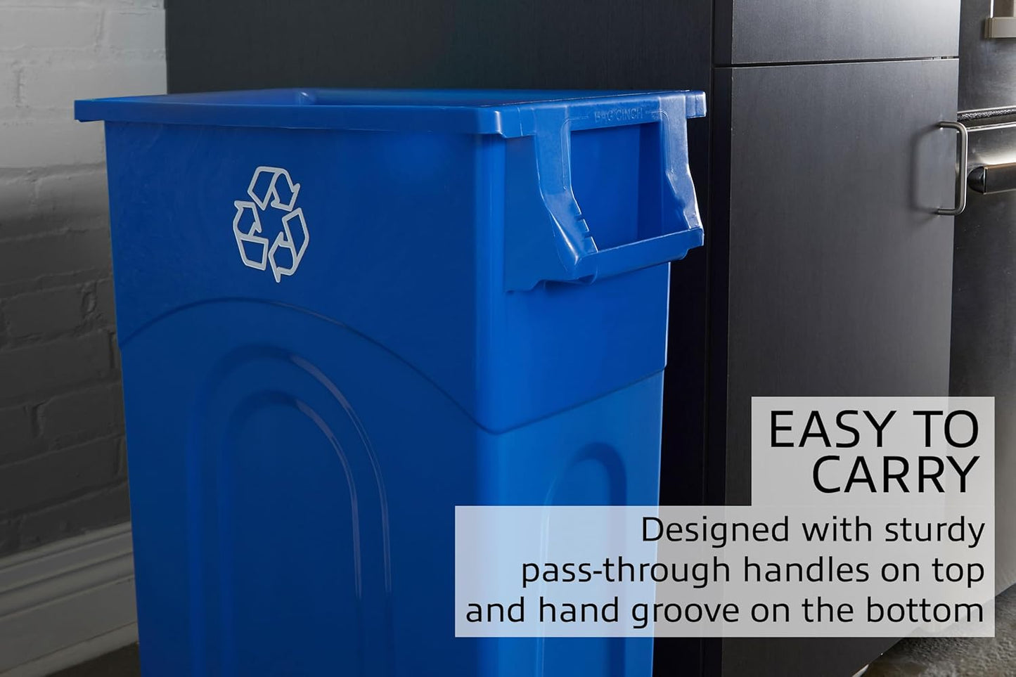 United Solutions Highboy Recycling Bin, 23 Gallon, Space Saving Slim Profile and Easy Bag Removal, Indoor or Outdoor Use, Integrated Handles for Easy Carrying, 4-Pack, Recycle Blue