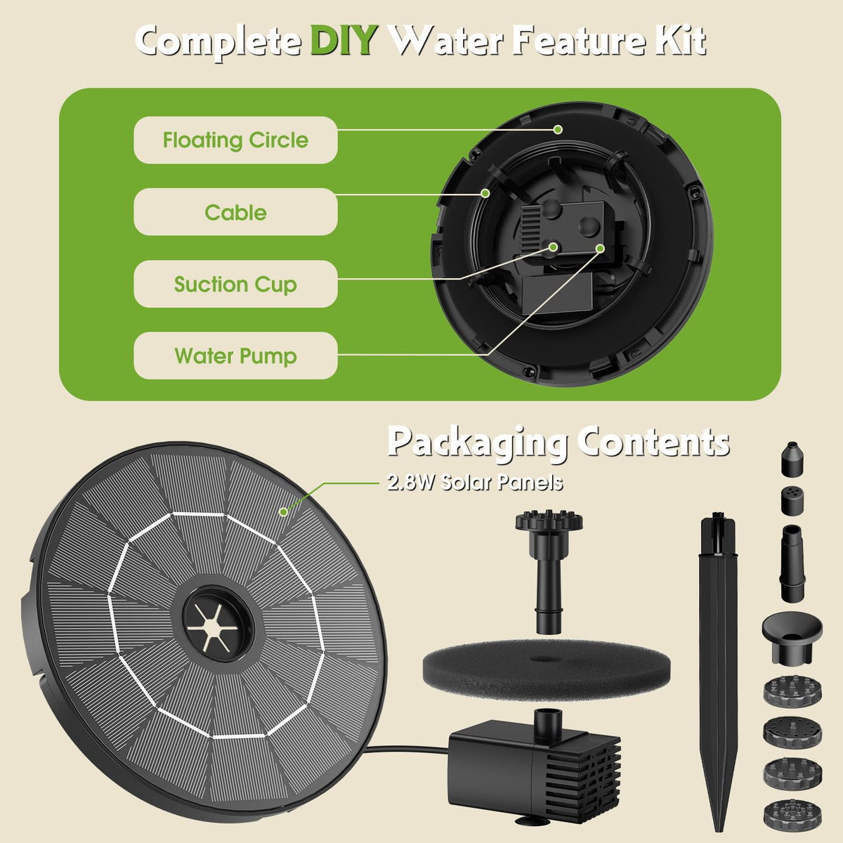 2.8W Solar Fountain Pump with 6 Nozzles & Ground Stakes 3.9ft Cord (2.8W-Cord / Black02)