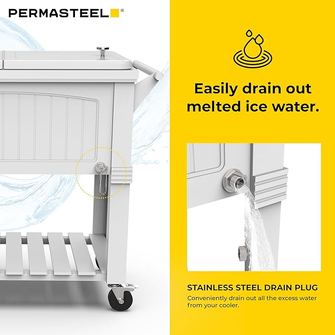 Permasteel Party Cooler with Divider, Spacious 80-Qt Capacity, Chills 36hrs, Serving Tray, Rolling Ice Chest for Indoor and Outdoor Entertainment, Matte White