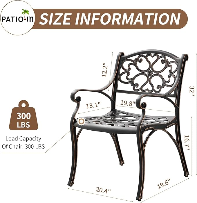 Cast Aluminum Patio Dining Set, Outdoor Bistro Set, 31.5" Round Outdoor Dining Table with Umbrella Hole, 2 Bistro Chairs for Yard Porch Garden Balcony