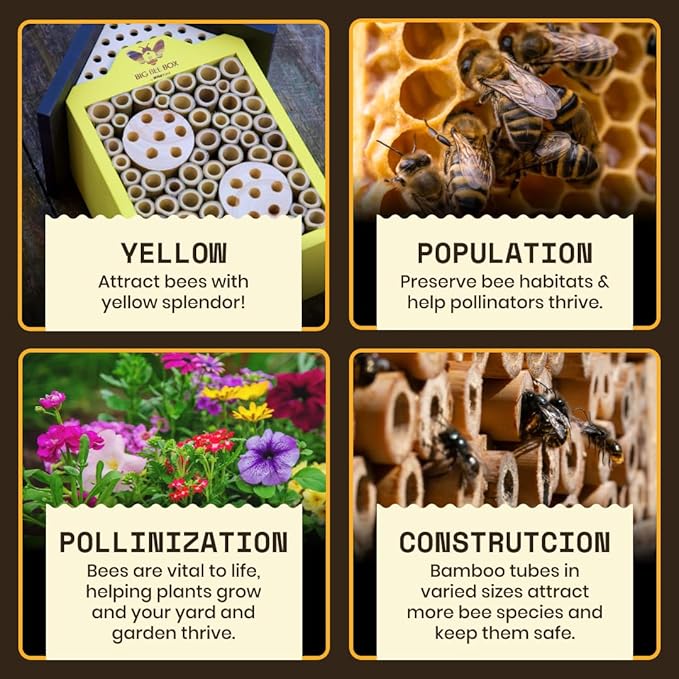 WildYard Bee House - Yellow, Modern Wood - Weather-Resistant Refuge & Solitary Bee House - Easy-Mount Design & Bug Hotel with Removable Tubes - Modular Nesting Tubes & Pollinator Hotel Appeal