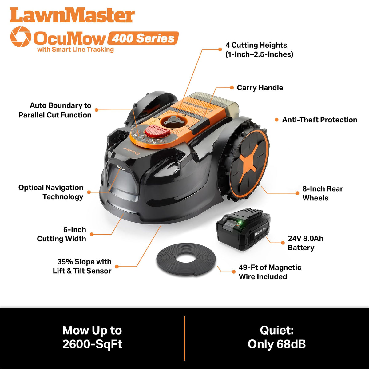 OcuMow VBRM601YCM AD Robot Mower with Parallel Cutting (Mows up to 2600 Square Feet + 8.0Ah)