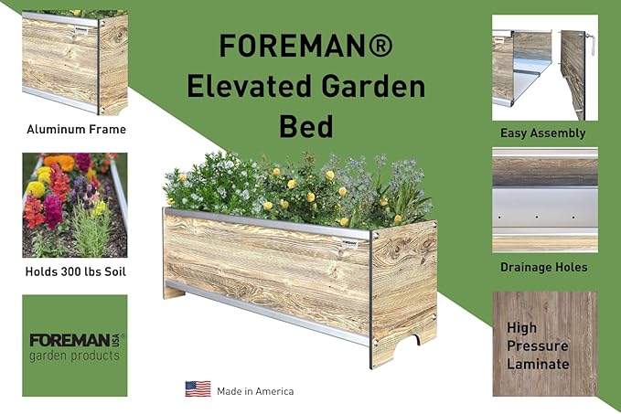 Foreman Raised Garden Bed (36"x12"x14") Weather Resistant Outdoor Planter Box with Drainage for Vegetable Bed Gardening and Flower Bed Gardening - Amaretto Wood Grain Pattern