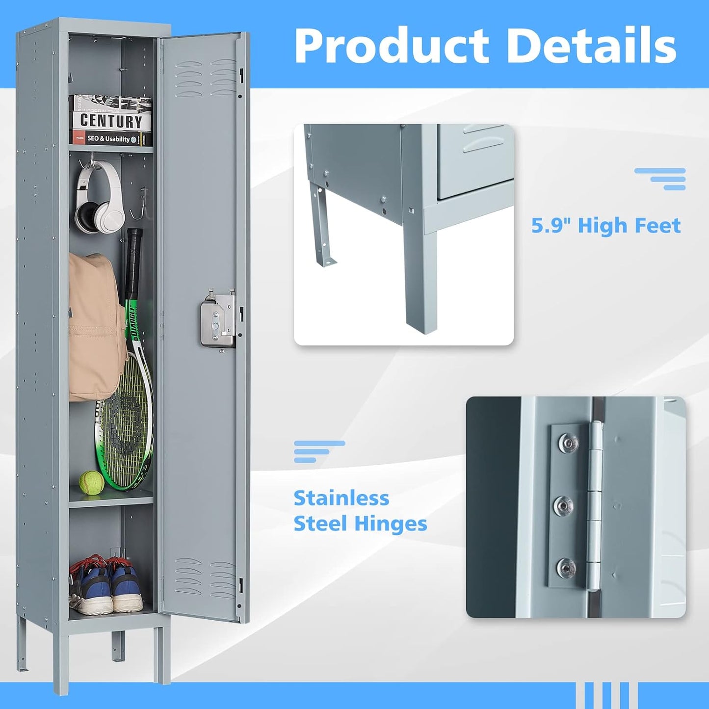 Letaya Storage Lockers with Lock Door,Metal Storage Cabinet 3 Tier with Hook for Employees, School,Gym, Home,Office(1 Door-Gray)