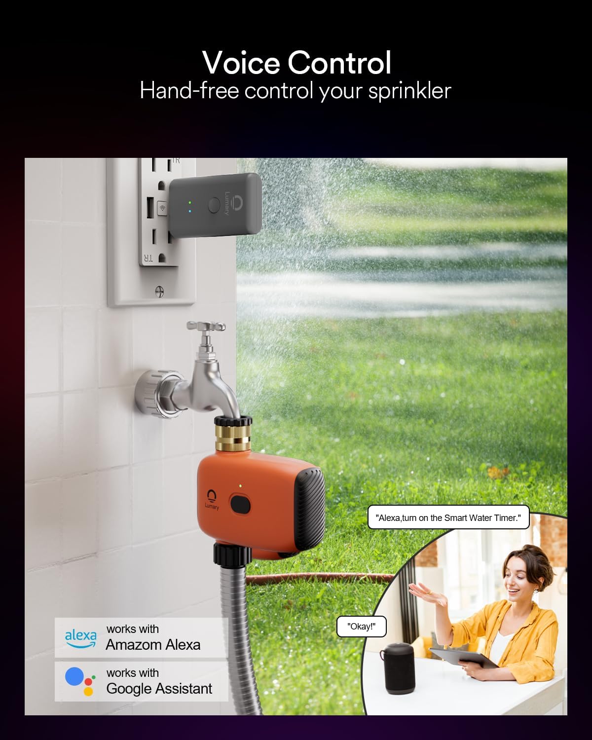 Lumary WiFi Water Timer for Garden Hose, Battery Sprinkler Timer for Watering Brass Inlet Outdoor, Rain Delay/Remote/Manual/Automatic Drip Irrigation System Programmable Faucet, Compatible with Alexa