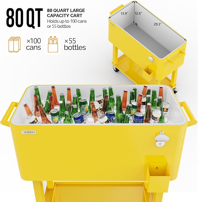 VINGLI 80 Quart Rolling Ice Chest, Portable Patio Party Bar Drink Cooler Cart, with Shelf, Beverage Pool with Bottle Opener