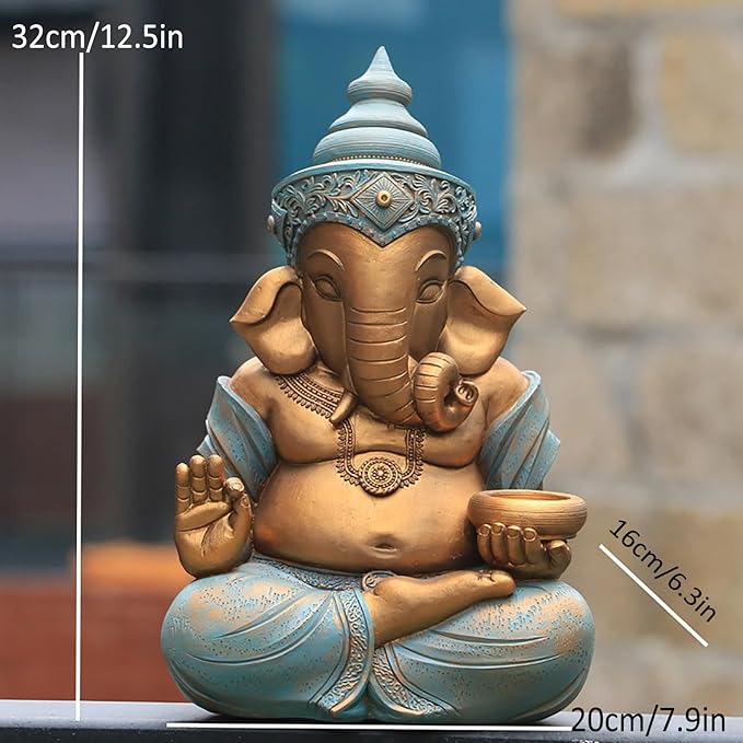 Ganesh Statue 12.6inch Outdoor Garden Ornament with Tealight Candle Holder,Resin Hindu God Buddha Art Craft Gift Decor for Home,Multi Colored