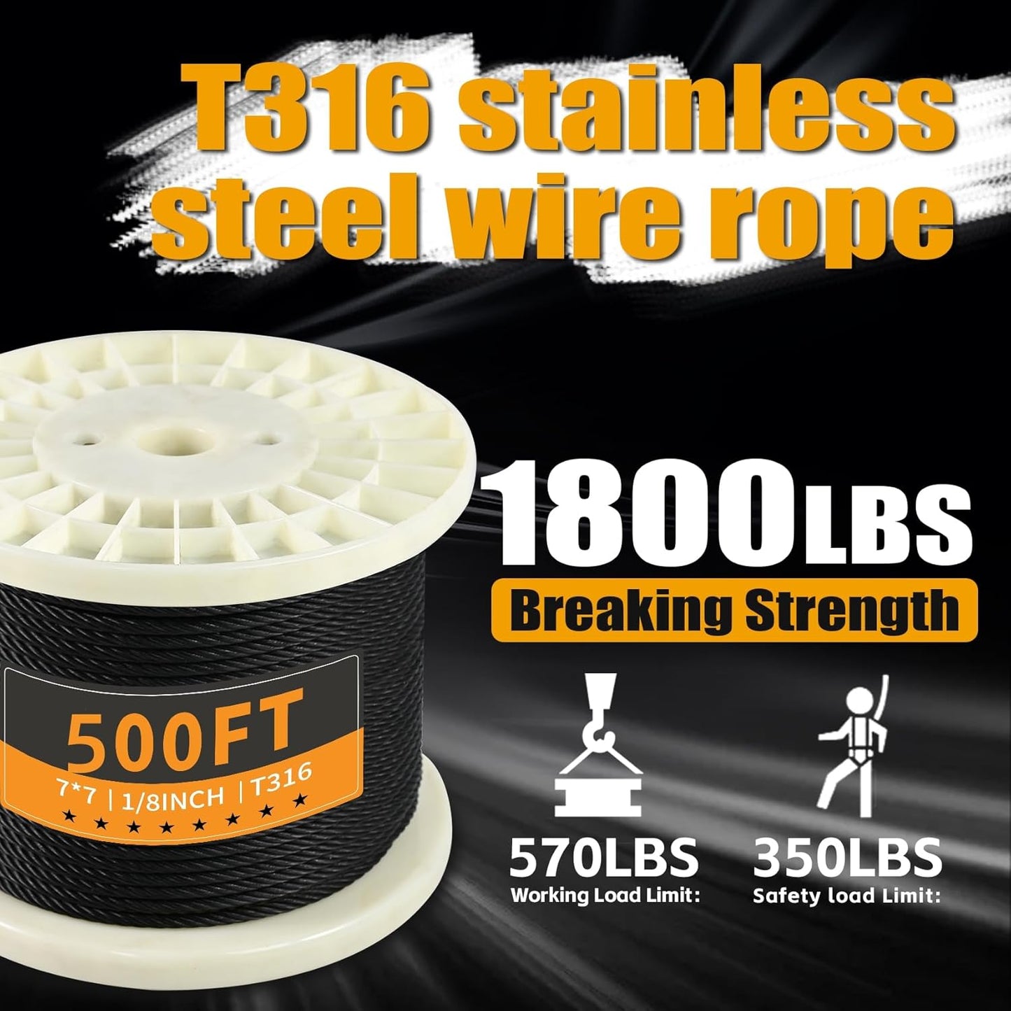 500FT 1/8" Stainless Steel Cable Black, 7x7 Strands, Wire Rope with Cable Cutter,1800lbs Breaking Strength Aircraft Cable for Deck Cable Railing, Stair, Fence, DIY Balustrades